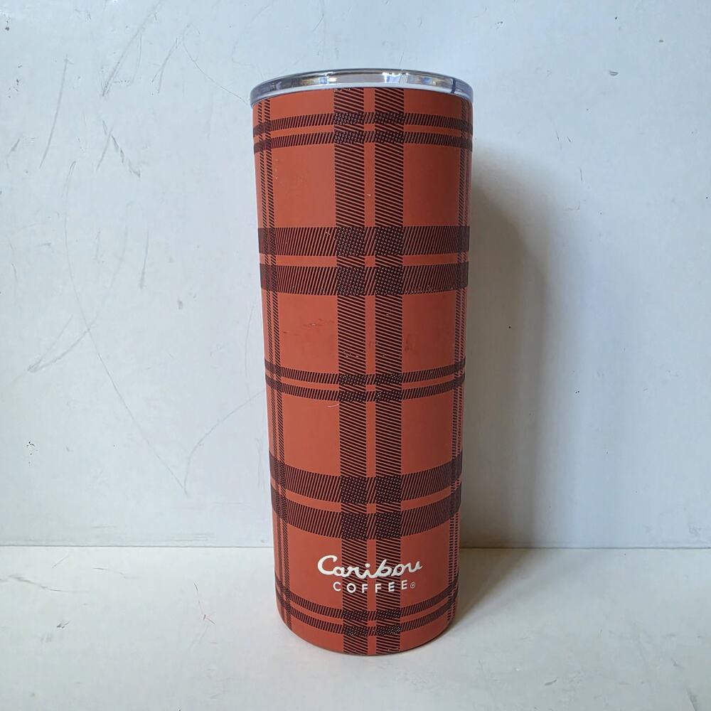 Caribou Coffee Travel Mug Stainless Steel Cup 20 Oz Salmon Plaid 2022 Lid